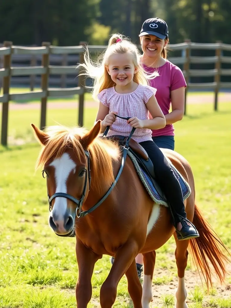A young child being led on a pony by an instructor in a safe, enclosed arena at ECURIE DES PINS, showcasing the beginner program.