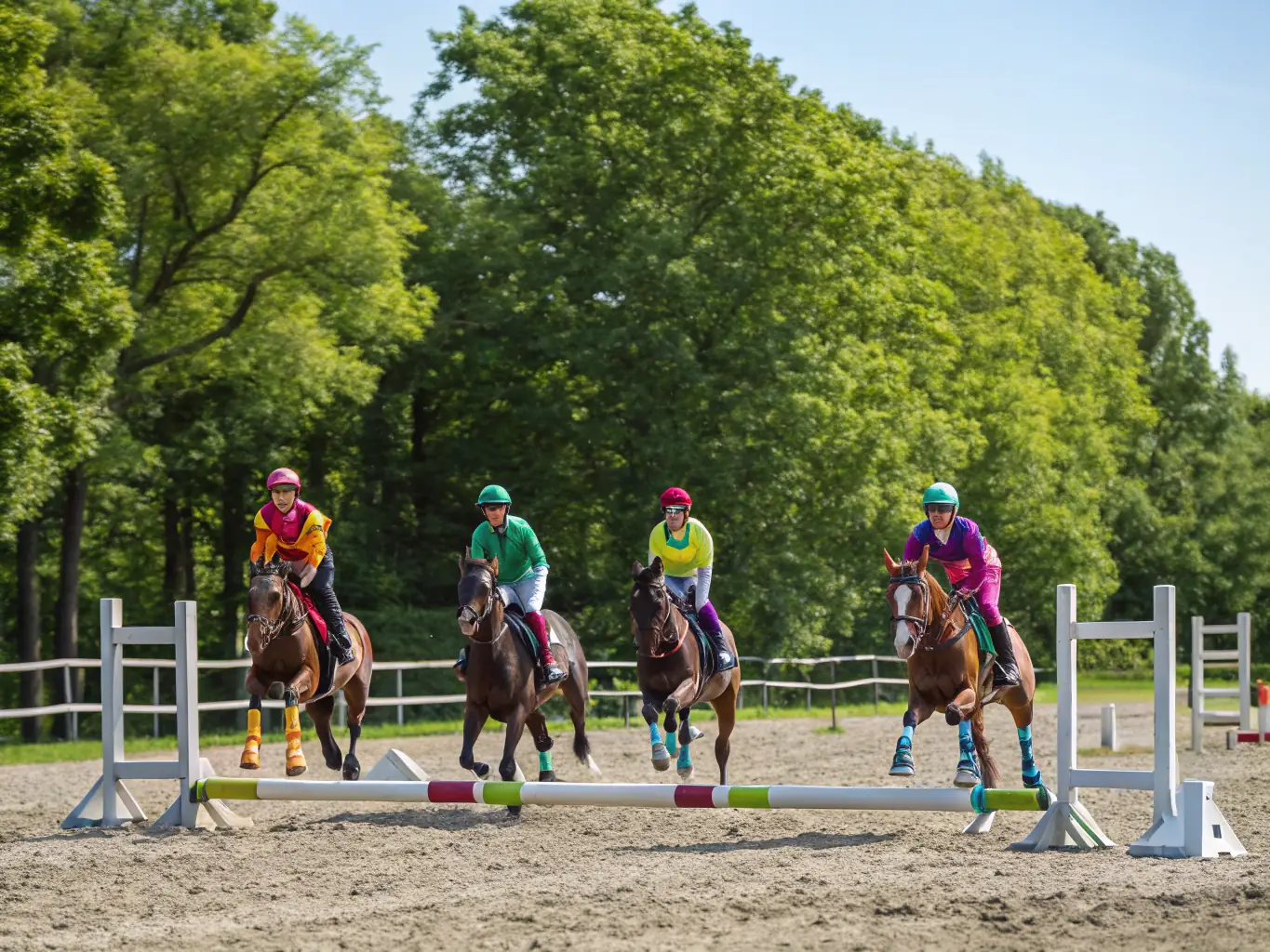 A group of intermediate riders are practicing jumping techniques in an outdoor arena at ECURIE DES PINS, showcasing their improved skills.