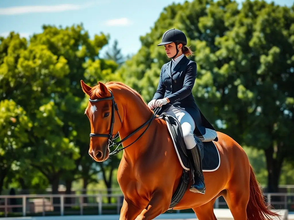 An experienced equestrian competitor is participating in a dressage competition at ECURIE DES PINS, demonstrating precision and elegance.