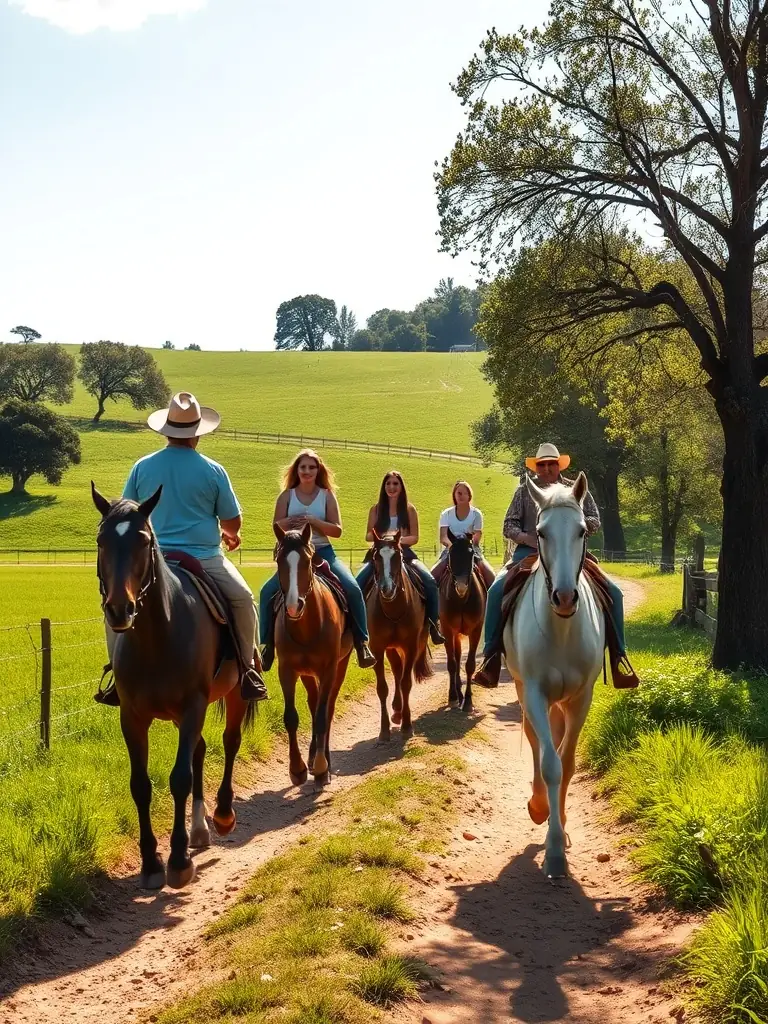 A group of riders of various ages participating in a trail riding excursion through the scenic countryside surrounding ECURIE DES PINS.
