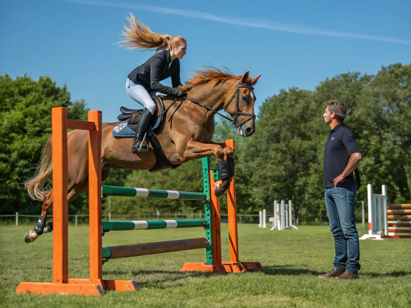 A young rider in full equestrian gear confidently guiding a horse through a jumping course, showcasing the skill and precision developed in ECURIE DES PINS' training programs.