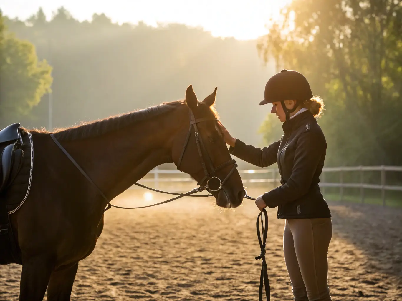 A rider gently interacting with a horse, showcasing the respect and care that ECURIE DES PINS promotes in its training and activities.