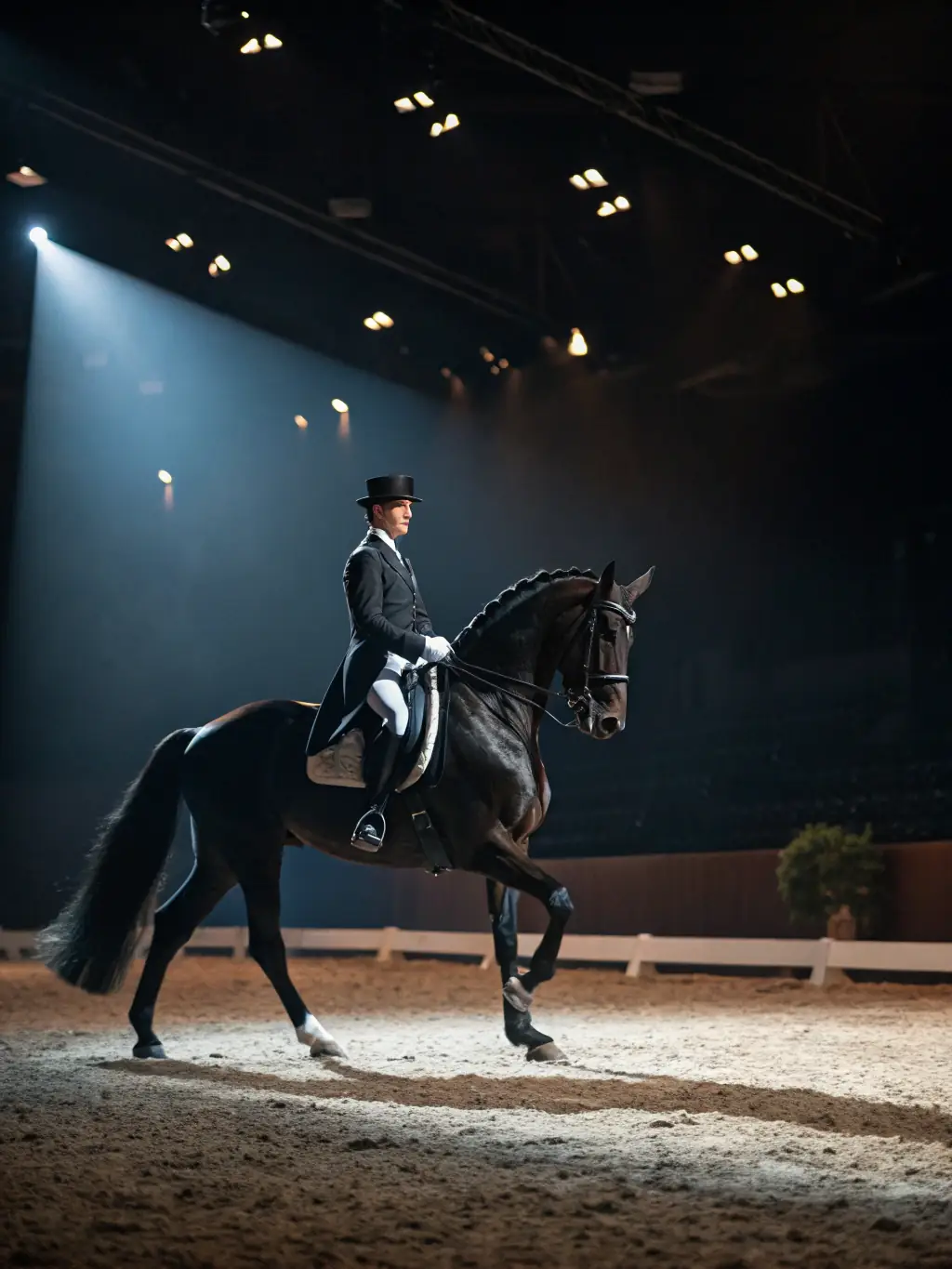 A horse and rider performing dressage movements in an indoor arena at ECURIE DES PINS.