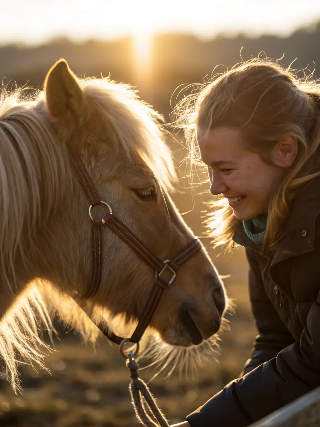 A close-up shot of a rider gently petting a horse at ECURIE DES PINS, emphasizing the bond and respect fostered between humans and animals.