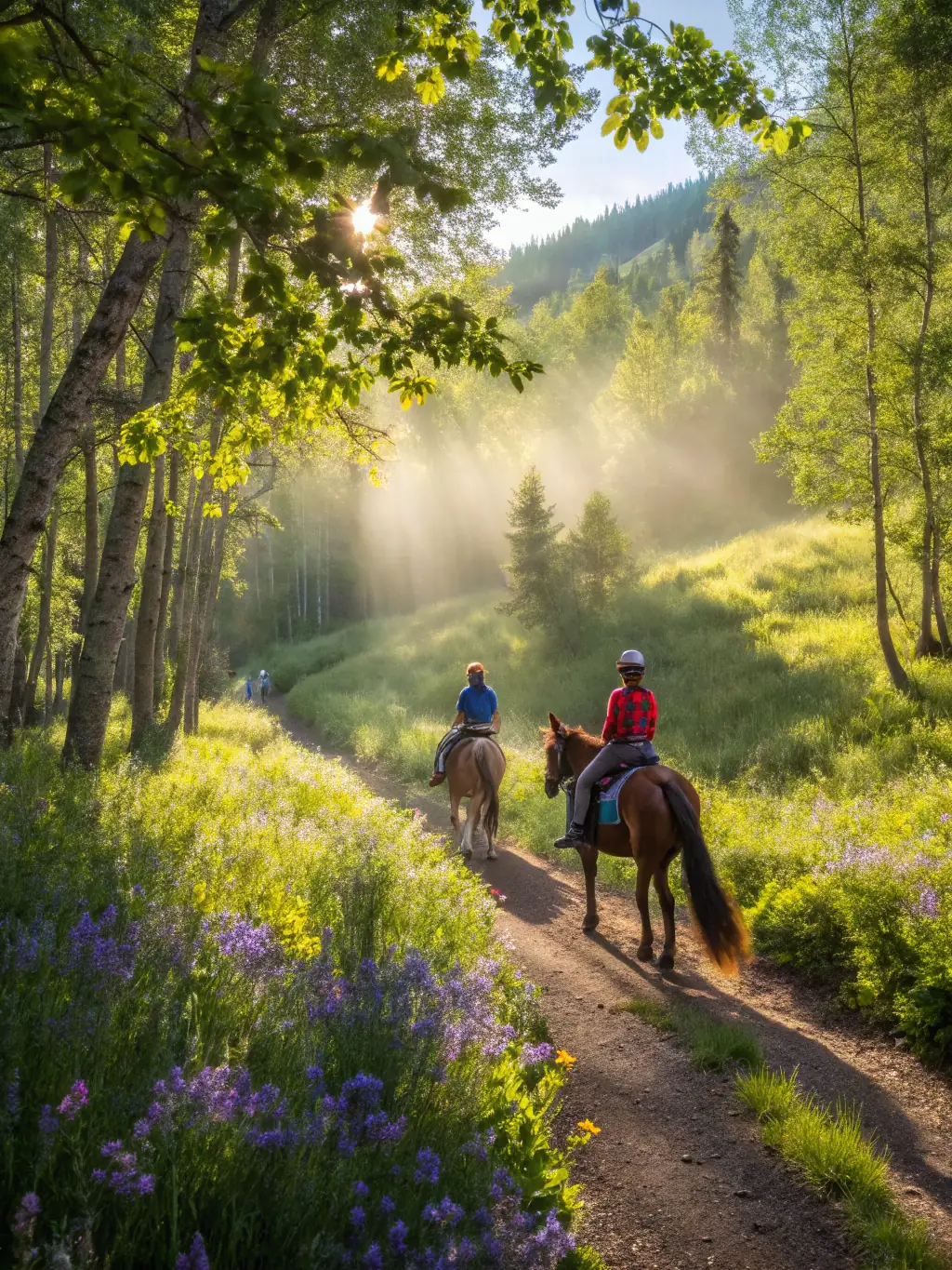 A group of riders participating in a trail ride through a scenic forest near ECURIE DES PINS.