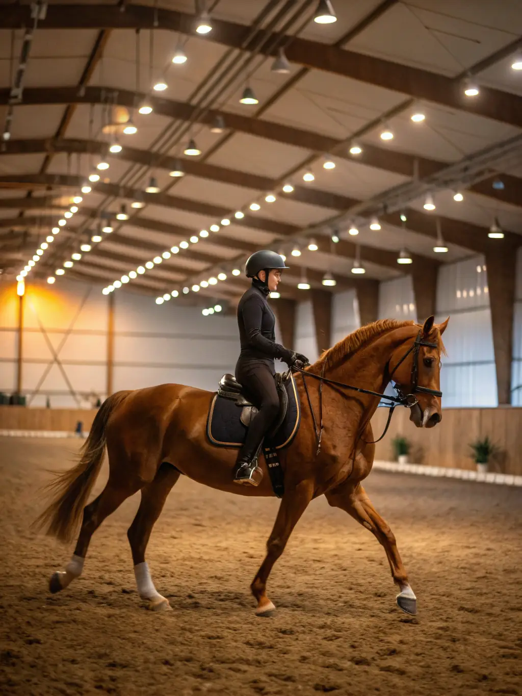 A rider smiling confidently while trotting on a horse in the outdoor arena at ECURIE DES PINS, emphasizing the physical fitness aspect of horse riding.