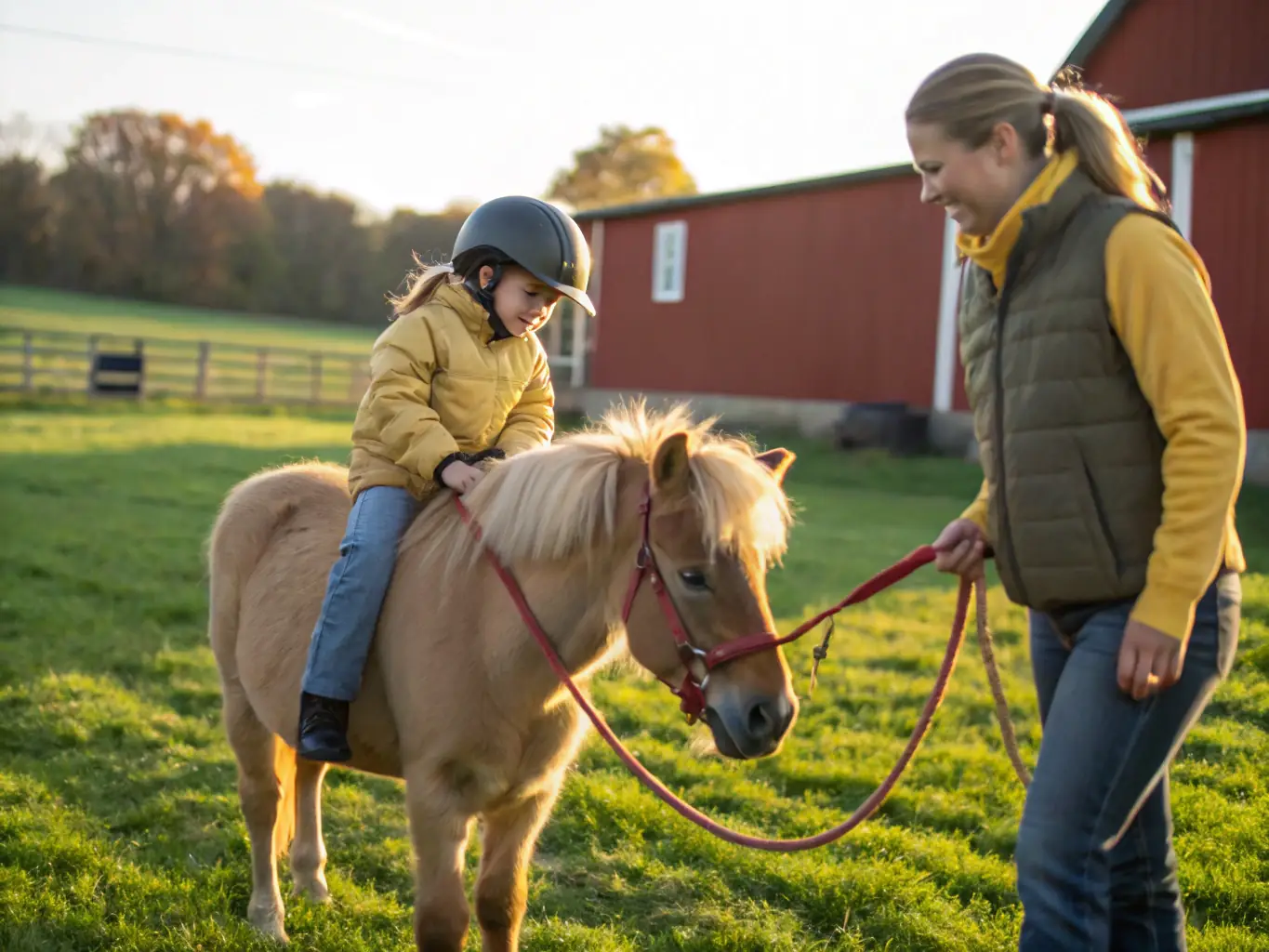 A young rider is learning basic horse riding skills in a controlled environment at ECURIE DES PINS, with an instructor providing guidance.
