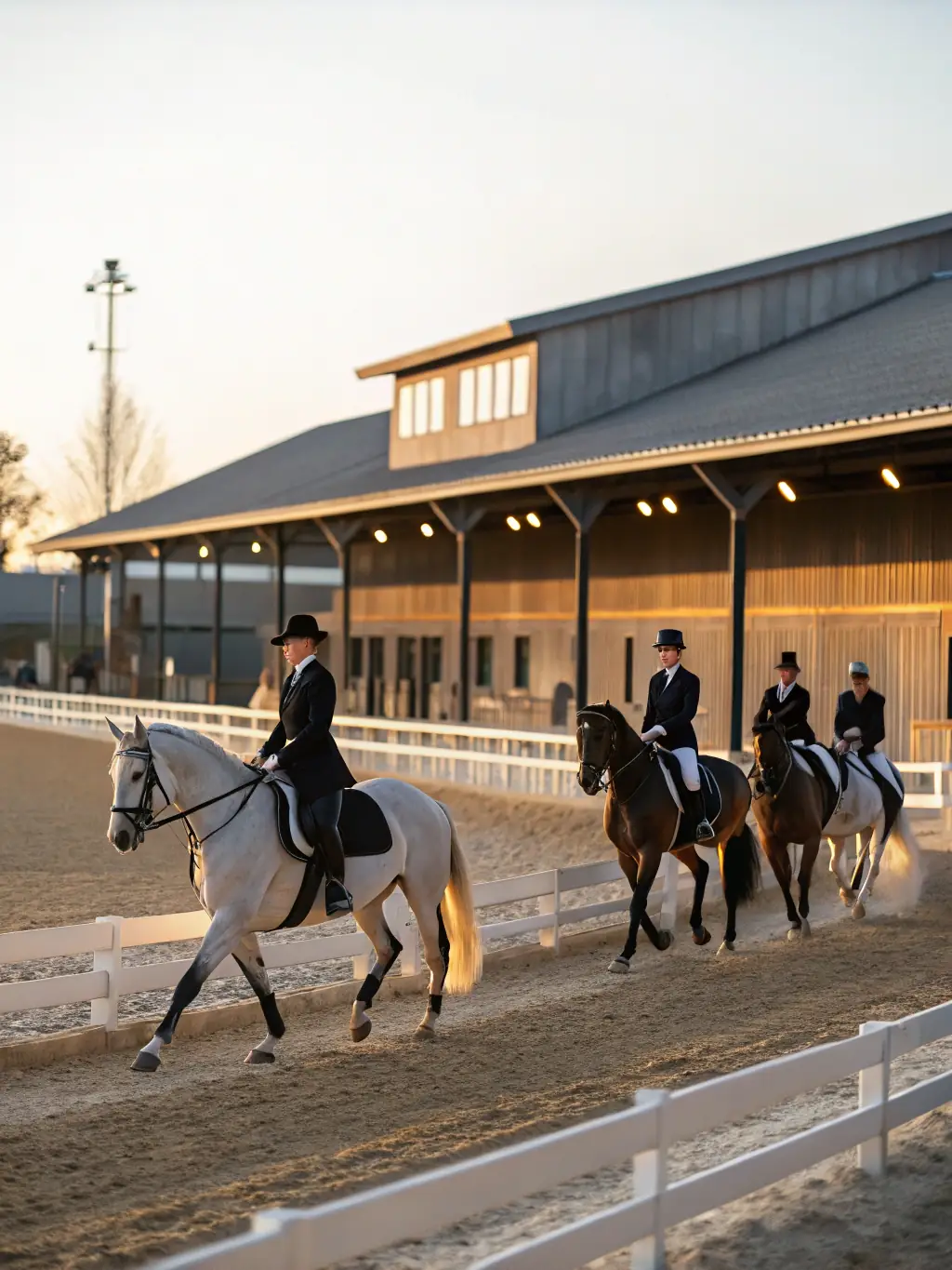 Adults learning dressage techniques in an outdoor arena at ECURIE DES PINS, emphasizing precision and harmony with their horses.