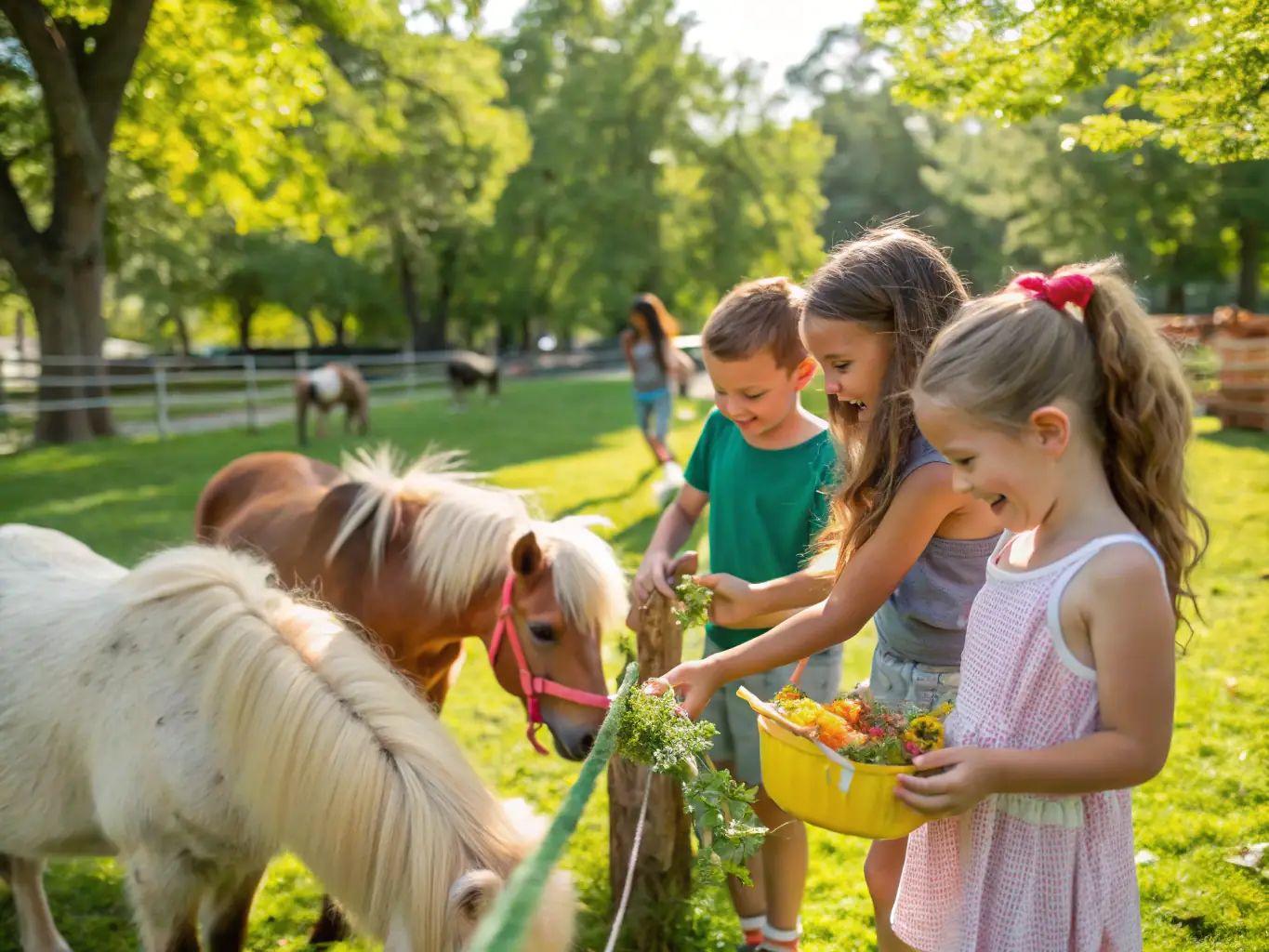 A vibrant scene from a community equestrian event, with families enjoying horse rides and various equestrian-themed activities.