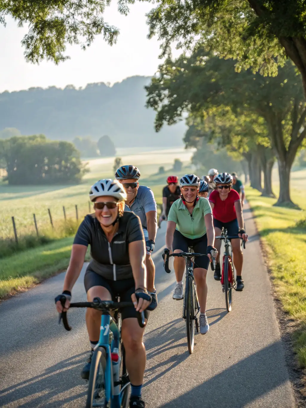 A group of riders of varying ages and skill levels laughing together after a training session at ECURIE DES PINS, showcasing the friendly and supportive community.